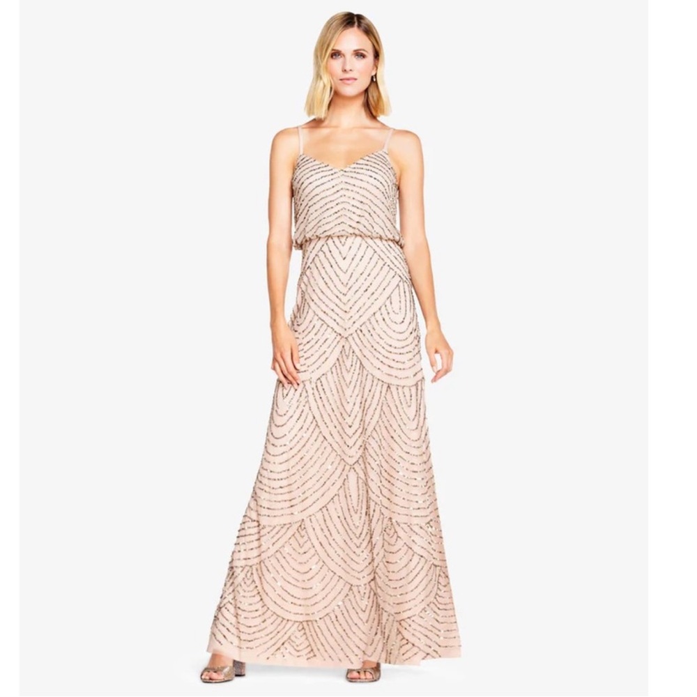 Adrianna Papell Art Deco Beaded Blouson Gown in Taupe Pink Size 16